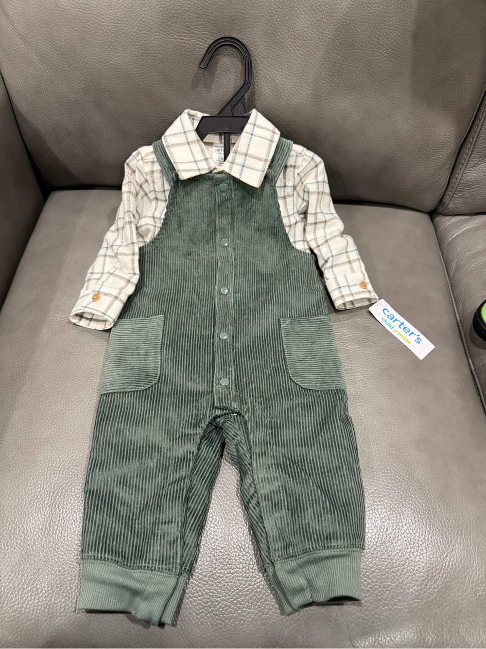 Carter's Moss Green Corduroy Overalls with Plaid Shirt